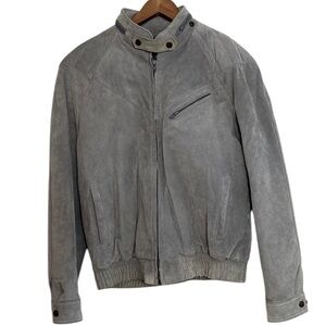 Vintage Leather Jacket Mens 38 Gray Suede Bomber Flight Jacket Hooded Retro 80s